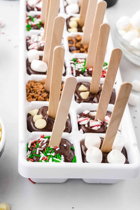 hot chocolate on a stick in ice cube tray Hot Chocolate On A Stick, Christmas Hot Chocolate Bar, Diy Hot Chocolate, Hot Chocolate Gifts, Christmas Homescreen, Christmas Food Gifts, Chocolate Party, Christmas Hot Chocolate, Christmas Candy Recipes