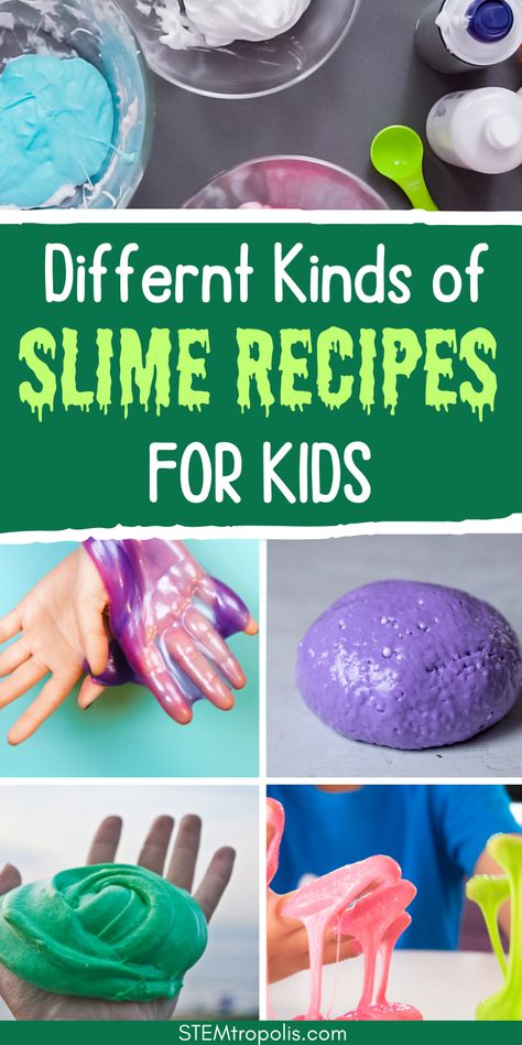 Discover all the ways to make slime with these easy and fun recipes! From fluffy slime with shaving cream to sticky glitter slime, these DIY slime ideas are perfect for kids science crafts. Learn how to make glow slime, color changing slime, magnetic slime and experiment with different slime ingredients for the ultimate slime craft day. Try these recipes to make slime easy and fun! ✨🧼 #DIYSlime #FluffySlime #KidsScience #SlimeCraft #ScienceCrafts Different Slime Types, Stretchy Slime Recipe Easy, Home Made Slime For Kids Easy, Different Slime Recipes, Kids Slime Recipe Easy, Slime Activities For Kids, Easy Homemade Slime, Slime Recipe Without Shaving Cream, How To Make Slime With Shaving Cream