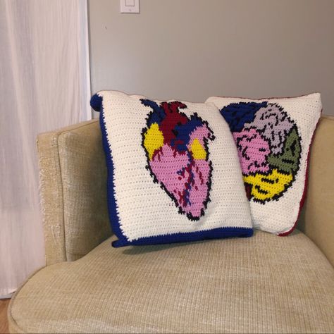 half-double crochet tapestry stitch anatomical heart pillow Crochet Tapestry Pillow, Anatomy Crochet, Crochet Heart Pillow, Tapestry Pillow, Heart Pillow, Anatomical Heart, Crochet Tapestry, Crochet Pillow, Crochet Heart