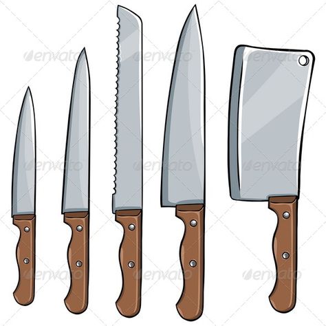 Vector Set of Kitchen Knives  #GraphicRiver         vector set of kitchen knives  	 file types: jpg, eps     Created: 11August13 GraphicsFilesIncluded: JPGImage #VectorEPS Layered: No MinimumAdobeCSVersion: CS Tags: blade #butchers #cartoon #chef #chop #cooking #culinary #dagger #domestic #edge #house #icons #illustrations #isolated #kitchen #knife #meatknife #preparation #serratedblade #set #sharp #single #stainless #steel #vector #woodenhandle #work Kitchen Knife Drawing, Knives Drawing, Cartoon Knife, Knife Cartoon, Knife Illustration, Type Of Knife, Steel Drawing, Kitchen Cartoon, Cooking Knife