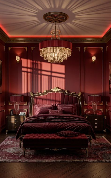 Maroon And Gold Bedroom, Red Maximalist Bedroom, Jazz Aesthetic Bedroom, Red Colour Bedroom, Red And Gold Bedroom Ideas, Dark Red Bedroom Aesthetic, Dark Red Bedroom, Bedroom Burgundy, Sensual Bedroom