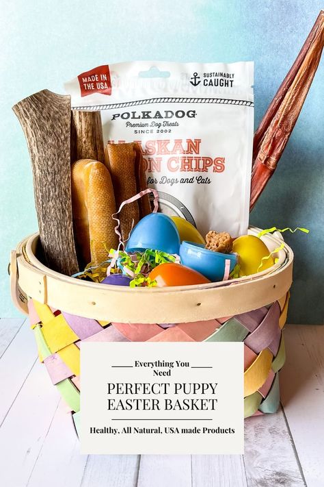 dog easter basket with antler dog chews, treats, yak chews, and bully sticks Puppy Easter Basket, Dog Easter Basket, Dog Easter, Hoppy Easter, Easter Egg Hunt, Egg Hunt, Easter Basket, Easter Baskets, Dog Treats