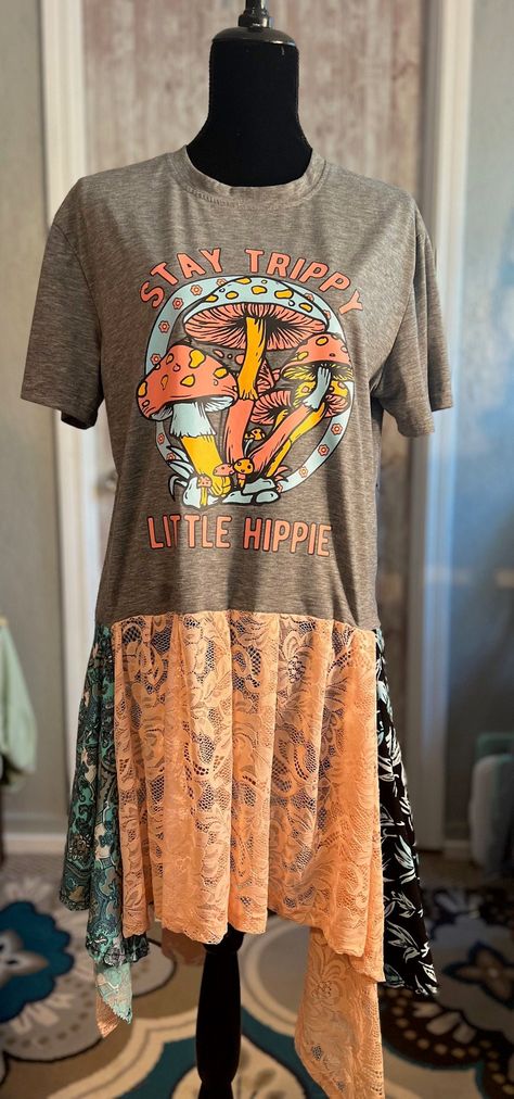 One of a Kind, Stay Trippy Little Hippie, Mushrooms, Boho, Upcycled, Thrifted and reworked by me, Peach color lace, 70's, Hippie, fits Large/XL Upcycle Band Shirts, Upcycled Tshirt Ideas, Diy Hippie Clothes, Upcycle Scarves, Thrift Upcycle Clothes, Sewing Upcycled Clothing, Diy Boho Clothes, Rework Clothes, Hippie Fits