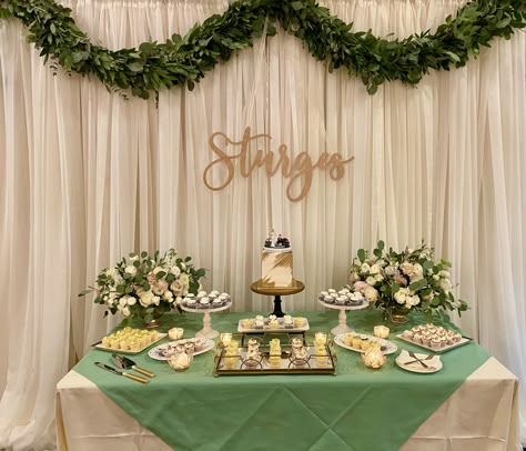 White Gold Greenery Dessert Table, Sage Cake Table Decor, Green White And Gold Dessert Table, Olive Green Dessert Table, Birthday Party Main Table Decor, Green Gold Dessert Table, Sage Green And Gold Dessert Table, Beige Bridal Shower Ideas, Green Dessert Table Ideas