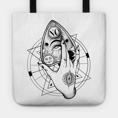 Tattooed female hand holding Ouija planchette on black Wiccan symbol -- Choose from our vast selection of tote bags to match with your desired size to make the perfect custom tote. Pick your favorite: Movies, TV Shows, Art, and so much more! Available in Single Sided Print or Double Sided Print in small, medium, and large. Perfect for work, class, the beach, and leisure. Ouija Board Tattoo, Ouija Planchette Tattoo Design, Ouija Planchette Drawing, Tattooed Female, Oujia Planchette, Handmade Ouija Board, Ouija Planchette, Tattoo Hand, Wiccan Symbols