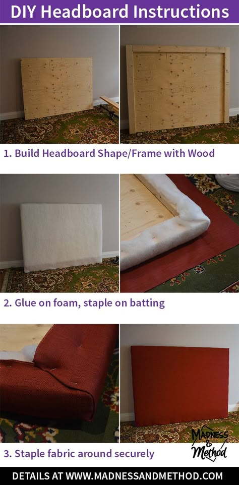 Plywood Headboard Diy, Make A Padded Headboard, Padded Headboard Diy, Diy Headboard Ideas Easy, Diy King Size Headboard, Cloth Headboard, Diy King Headboard, Build A Headboard, Diy Toddler Bed