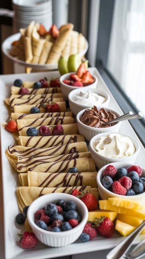 Hosting the Ultimate Pancake Brunch: A Crepe Buffet Extravaganza – Whims & Wonders Cozy Sleepover, Pancake Brunch, Crepe Station, Berry Coulis, Brunch Decor, American Pancakes, Fruit Compote, Buffet Set, Brunch Buffet