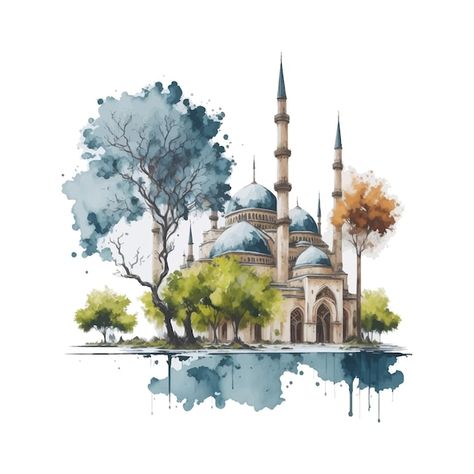 Islamic Art Watercolor Paintings, Mosque Watercolor Paintings, Eid Mubarak Drawing, Eid Drawing, Mosque Drawing, Blue Decorations, Ocean Drawing, Interior Design History, Watercolor Vector