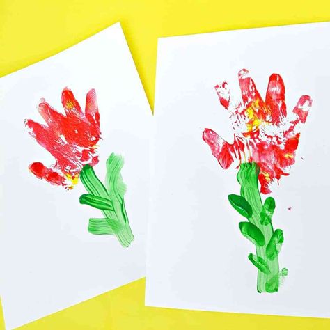 Hand print flower paintings for toddlers - My Bored Toddler Finger Painting Flowers, Finger Paint Ideas, Hand Painting Flowers, Flowers Activities, Spring Art For Kids, Spring Crafts For Toddlers, Spring Activities For Toddlers, Spring Toddler Crafts, Hand Print Flowers