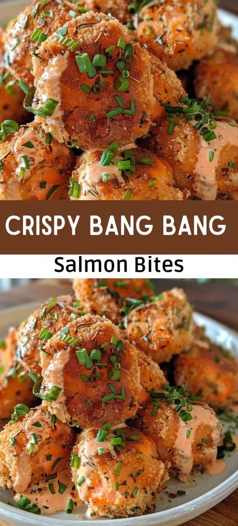 Crispy Bang Bang Salmon Bites  Air Fryer Recipe Salmon Bites Air Fryer, Bang Bang Salmon Bites, Crispy Salmon Recipe, Spicy Salmon Recipes, Frozen Salmon Recipe, Bang Bang Salmon, Salmon Bites Recipe, Salmon Bites, Frozen Salmon