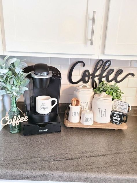 Coffee Bar Ideas Kitchen, Kaffe Station, Small Coffee Bar, Coffee Bar Ideas Kitchen Counter, Coffee Station Kitchen, Kitchen Countertop Decor, Brick Cottage, Coffee Bar Station, Coffee Bar Ideas