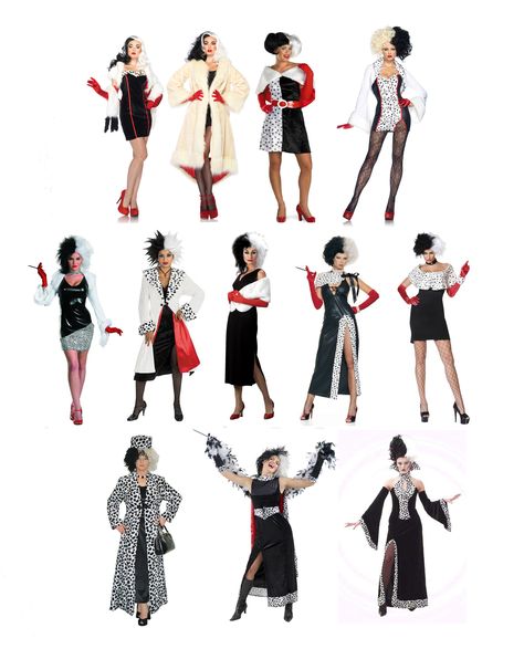 OMG!  There is absolutely NO shortage of Cruella de Vil costumes! Women Cruella Deville Costume, Cruella Deville Costume Black Woman, Diy Cruella Deville Costume Women, Carella Deville Costume, Cruela Devil Costume, Cruelly Devil Costume, Cruella Outfit Ideas, Cruella Halloween Costumes, Cruella Deville Costume Diy