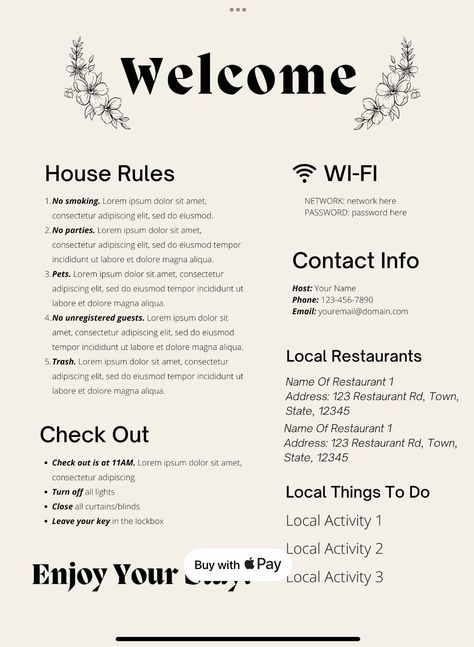 Air Bnb Tips, Lodge Ideas, Hotel Operations, Hotel Card, Airbnb House, Airbnb Design, Hotel Plan, Welcome Card, Welcome Sign Template