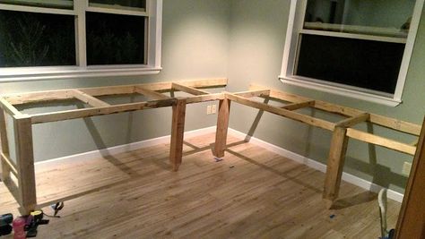 Desk base framed out with 2x4s. Finish off with wood boards on top (or plywood / mdf / /melamine sheet) Plywood Desk Top, Desk Base, Plywood Desk, Thrifty Diy, Craft Cabinet, Wood Boards, Desk Top, Diy Desk, Office Inspiration