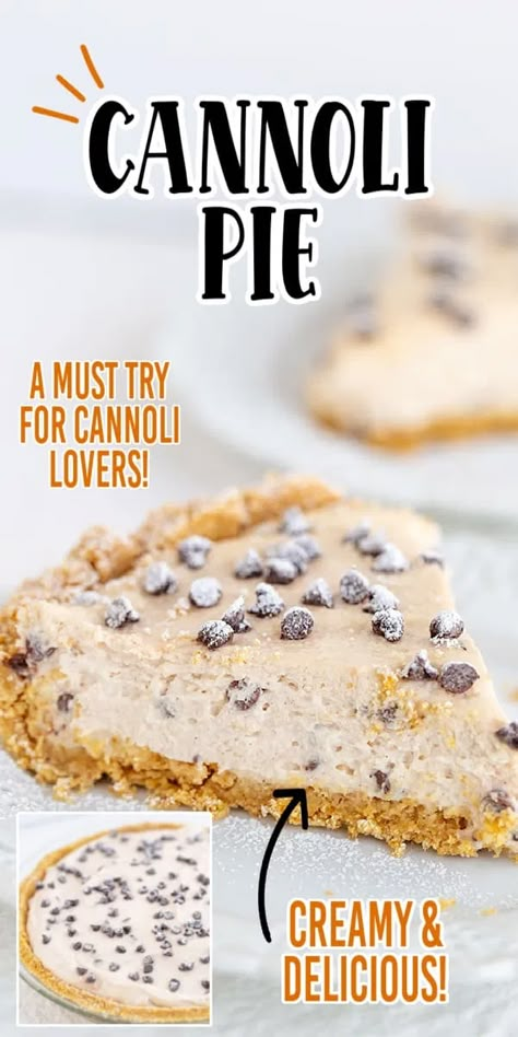 Cannoli Cream Pie - Cannoli Pie is a no-bake dessert pie that is going to give you all your favorite flavors from a classic cannoli. This easy homemade cannoli pie recipe is loaded with a creamy texture, sweet chocolate chips, and of course a graham cracker crust. #cookiedoughandovenmitt #cannoli #pie #dessertrecipes Cannoli Pie Recipe, Graham Cracker Crust Pie Recipes, Cannoli Pie, Cannoli Cups, Cannoli Desserts, Homemade Cannoli, Cannoli Filling, Happy Habits, Graham Cracker Recipes