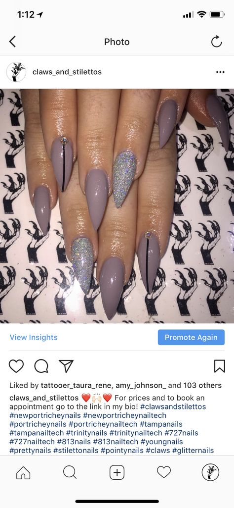 Pointy nails glitter nails taupe grey nails Taupe Nails With Glitter, Taupe Nail Designs, Grad Nails, Taupe Nails, Grey Nails, Pointy Nails, Nails Colors, Gray Nails, Taupe Grey