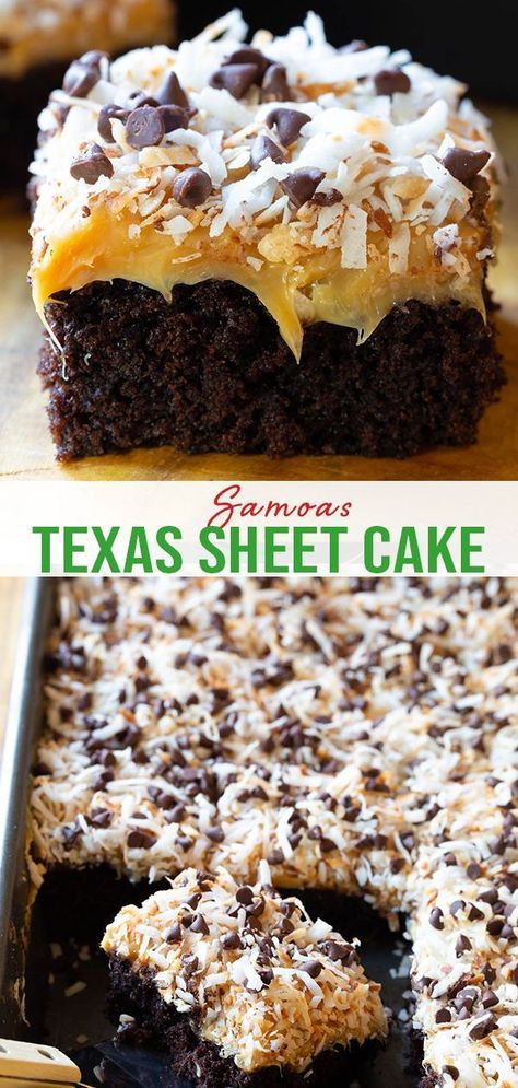 Feb 18, 2023 - Decadent chunky-topped Samoas Texas Sheet Cake Recipe - The girl scouts would approve! Best Texas Sheet Pan recipe ever! Cookie Sheet Desserts, Sheet Pan Desserts For A Crowd, Sheet Pan Bars, Cakes For A Crowd, Texas Desserts, Sheet Pan Desserts, Best Desserts Ever, Icebox Cakes, Texas Sheet Cake Recipe