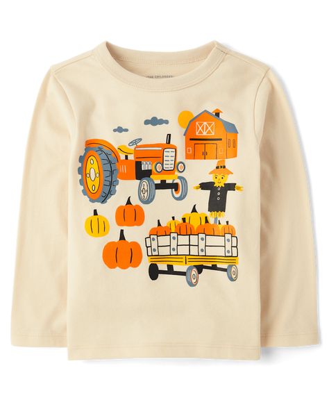 FABRICATION: 60% cotton/40% polyester jersey, imported DESIGN: Rib-knit crew neck, long sleeves FEATURES: Farm with pumpkins graphic design, tagless label We're making a difference! We've proudly partnered with Better Cotton to improve cotton farming globally. When you buy cotton styles from us, you're helping to support sustainable cotton farming. Learn more at bettercotton. org/massbalance.. Baby And Toddler Boys Long Sleeve Farm Graphic Tee | The Children's Place Baby And Toddler Boys Farm Graphic T-Shirt | Size 18-24 M | Hay Stack | Cotton/Polyester Fall Scenes, Boys Graphic Tee, Cotton Farming, Making A Difference, Baby And Toddler, Big Fashion, Boys Long Sleeve, Hocus Pocus, Fall Shirts