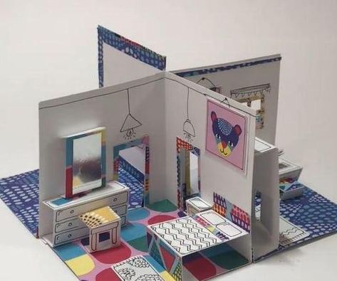 Paper Popup Room Paper House Printable, Doll House Bedroom, Prototype Design, Paper Doll House, Mini Doll House, Paper House, Pop Up Book, Paper Houses, Paper Doll