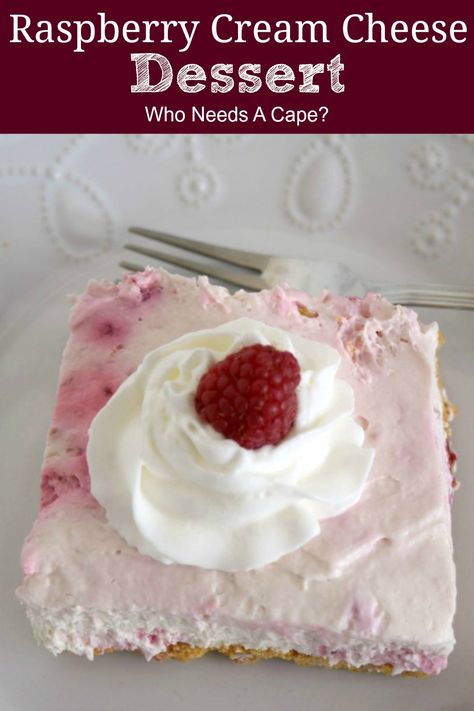 Creamy, dreamy and oh so good! This easy Raspberry Cream Cheese Dessert is practically no-bake and full of fruity goodness. #easydessert #raspberrydessert #raspberry Raspberry Cool Whip Dessert, Frozen Raspberry Desserts, Refrigerator Desserts, Raspberry Recipes Dessert, Whipped Cream Desserts, Cool Whip Desserts, Raspberry Cream Cheese, Raspberry Yogurt, Raspberry Desserts