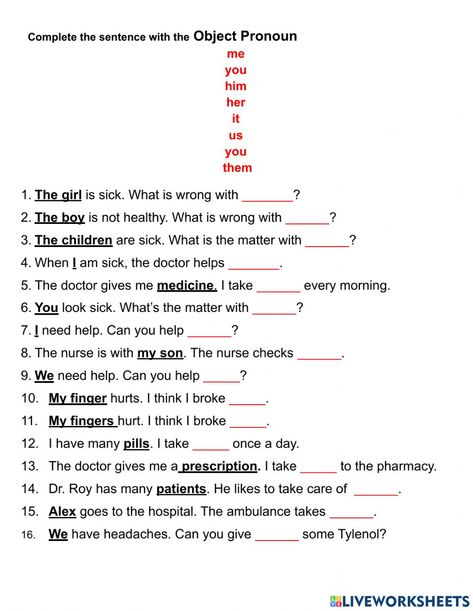 Object Pronouns interactive exercise for 8. You can do the exercises online or download the worksheet as pdf. Object Pronouns Worksheets For Kids, Subject And Object Pronouns Worksheets, Object Pronouns Worksheets, Pronouns Activity, Pronouns Esl, Pronouns Exercises, English Pronouns, Personal Pronouns Worksheets, Pronoun Activities