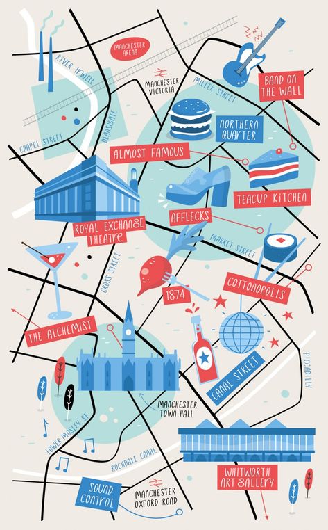 Illustrated map of Manchester Amsterdam Map Illustration, Amsterdam Map, History Infographic, Mental Map, Illustrated Maps, Campus Map, Infographic Map, Asia Map, Infographic Design Layout