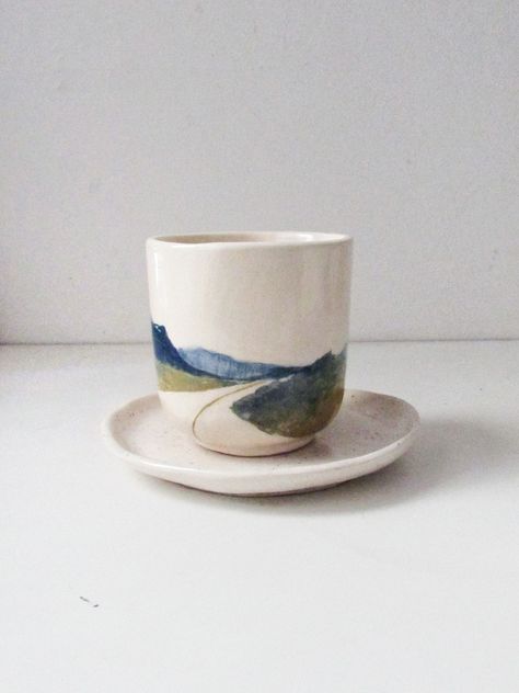 Ceramic - cup - plate - handmade - illustration - paint - landscape - travel - mountains - road Landscape Ceramics, Pottery Business, Paint Landscape, Travel Mountains, Handmade Illustration, Cup Plate, Ceramics Pottery Art, Ceramics Pottery, City Landscape