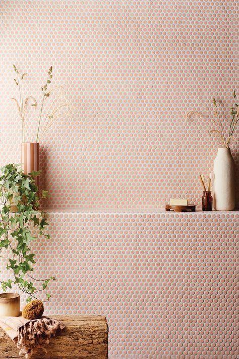 Copenhagen Round Penny Mosaic Penny Tiles Bathroom Floor, Penny Round Tile Bathroom, Penny Tile Bathroom Floor, Penny Tiles Bathroom, Pink Tile Bathroom, Penny Tiles, Penny Mosaic, Bathroom Splashback, Blue Tile Wall