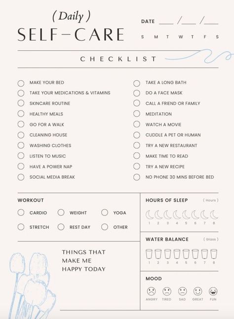 Take a few minutes each day to relax and rejuvenate with this simple self-care routine. #selfcare #wellness #mindfulness Self Care Day Checklist, Self Care Plan, Reset Routine, Before Bed Workout, Daily Self Care, Weekly Journal, Daily Exercises, Self Care Checklist, Teen Skincare