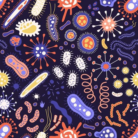 Seamless pattern Bundle of infectious microorganisms. Cartoon infectious germs, protests, microbes. A bunch of diseases that cause bacteria, viruses Bacteria Cartoon, Vector Symbols, Biology Art, Microscopic Images, Bio Art, Anime Toon, Art Case, Cartoon Background, Microbiology