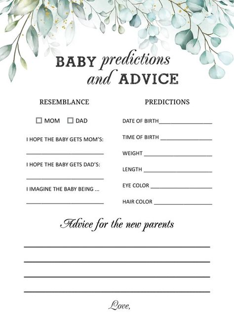 Prediction Advice Cards | Eucalyptus Baby Shower Baby Predictions Printable, Baby Shower Prediction Cards, Diy Baby Shower Games, Baby Prediction Cards, Baby Predictions, Baby Shower Advice Cards, Baby Shower Advice, Baby Prediction, Baby Advice