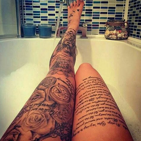 Cute Leg Tattoos, Book Script, Small Leg Tattoos, Flower Leg Tattoos, Cute Leg, Tattoo T, Full Leg Tattoos, Maori Tattoos, Thigh Piece