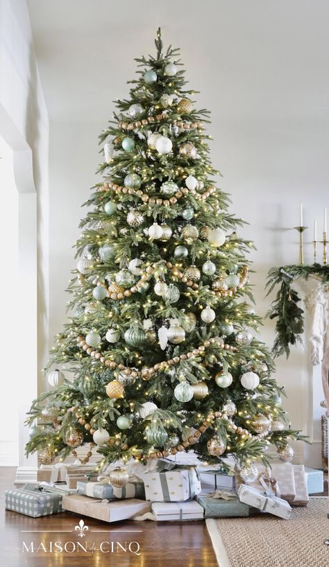 French Christmas Living Room in Sage Green & Gold Metallic Ornaments, Sage Green And Gold, Green Christmas Decorations, Green Christmas Tree Decorations, Christmas Tree Inspo, French Country Christmas, Gold Christmas Tree Decorations, White Fairy Lights, White Fairy