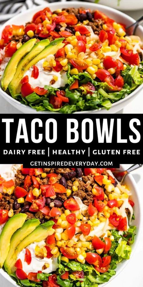 Easy to make, these Taco Bowls with American-style flavors can customized for endless combinations. They're a simple weeknight kind of recipe that the whole family will love. But you can also add more fun toppings and make a taco bar for entertaining! They're naturally gluten-free with dairy-free and paleo options as well. Gluten Free Tacos Recipes, Dairy Free Tacos, Gluten Free Mexican Recipes, Gluten Free Dairy Free Dinner, Taco Bowl Recipe, Gluten Free Tacos, Sweet Potato Bowls, Taco Bowl, Eating Tacos