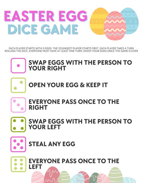 Our Valentine’s Day dice game and Christmas dice game have been such a big hit, we wanted to share this fun Easter Egg Exchange Dice Game as a new addition to our printable library. The perfect activity to continue the Easter fun, after the Easter Egg hunt is done, this simple dice game turns swapping candy into an adventure with lots of laughs. Just print off one copy of our free dice game printable for every guest and start the fun. Candy Dice Game Free Printable, Easter Dice Game, Candy Dice Game, Printable Easter Activities, Easter Party Games, Egg Game, Easter Egg Candy, Candy Games, Easter Activities For Kids