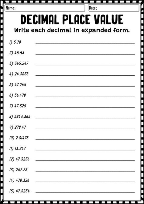 Improve your understanding of decimal place value with these comprehensive expanded form worksheets. Strengthen your math skills and grasp the concept of decimal values effortlessly. Start practicing now and elevate your confidence in handling decimal place value. #mathworksheets #placvalue #expandedform #decimalplacevalue Decimal Place Value Worksheet, Decimal Numbers Worksheet, Place Value Expanded Form, Expanded Form Worksheets, Decimal Place Value, Decimal Numbers, Place Value With Decimals, Math Decimals, Place Value Activities