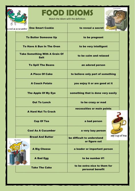 Food Idioms English, Food Idioms, Common English Idioms, Uncountable Nouns, Esl Vocabulary, Idioms And Phrases, Vocabulary Games, English As A Second Language (esl), English Idioms