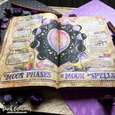 Amy Cesari, Moon Phase Art, Fantasy Journal, Metallic Watercolors, Witchy Cottagecore, Fantasy Map Making, Moon Phases Art, Moon Journal, Grimoire Book