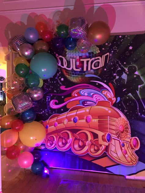 Soultrain Party Theme, Soul Train Centerpiece Ideas, Dance Party Decorations Night, 70s Party Backdrop Ideas, Soul Train Themed Party Decorations, Soul Train Party Ideas, Soultrain Party Ideas, Soul Train Birthday Party Ideas, Soul Train Cake