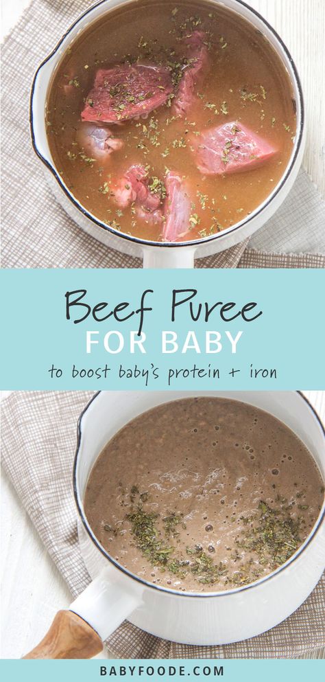 This homemade basic beef baby food puree is a great puree to add to your baby's favorite vegetable puree to boost their daily intake of protein and iron. Just add their favorite veggie puree and you've got a healthy and easy lunch or dinner for baby! Just four ingredients, and super easy to make! #baby #babyfood Beef Baby Food, Meat For Babies, Meat Baby Food, Baby Food Puree, 6 Month Baby Food, Diy Baby Food, Healthy Baby Food, Baby Puree Recipes, Baby Puree