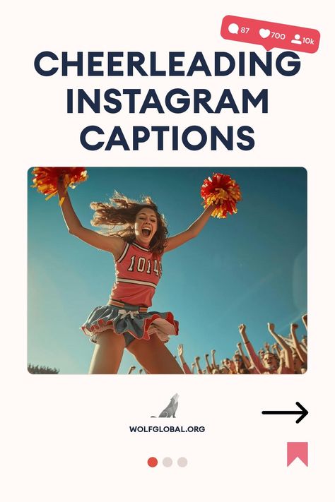 Joyful cheerleader jumps with pom-poms, Instagram interface elements, and "CHEERLEADING INSTAGRAM CAPTIONS" text above.
Inspirational cheerleading-themed checklist with colorful emojis and a "Get 100+ more" button.
Young woman on laptop with social media engagement icons and promotional text for WOLFGLOBAL.ORG. Friday Night Football Captions Instagram, Cheerleading Instagram Captions, Cheer Social Media Ideas, Cheer Instagram Captions, Cheer Captions, Cheer Vibes, Kids Cheerleading, Cheer Nationals, Basket Toss