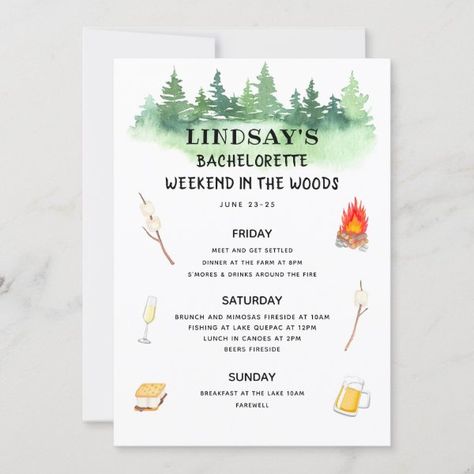 Bachelorette Weekend in the Woods Itinerary Invitation Woods Bachelorette Party, Glamping Bachelorette Party, Woods Cabin, Last Fling Before The Ring, Itinerary Invitation, Party Itinerary, Bachelorette Party Itinerary, Bachelorette Weekend Itinerary, Bachelorette Party Weekend