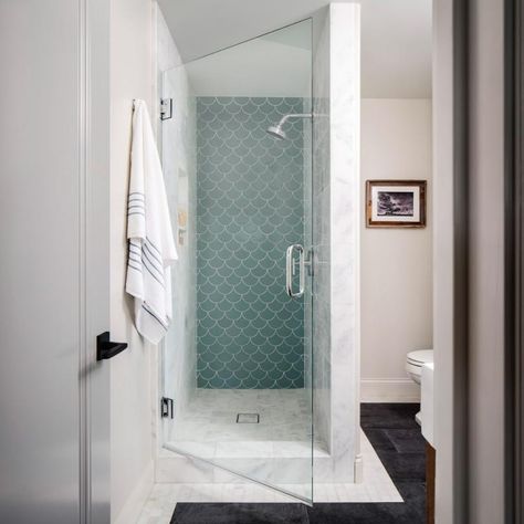 Small Bathroom With Blue Tiled Walk-In Shower Alcove Shower Ideas Small Bathrooms, Small Stall Shower Ideas, Small Shower Stall Remodel, Alcove Shower Ideas, Glass Shower Door Ideas, Small Shower Stalls, Kid Friendly Bathroom, Small Bathroom Solutions, Shower Alcove