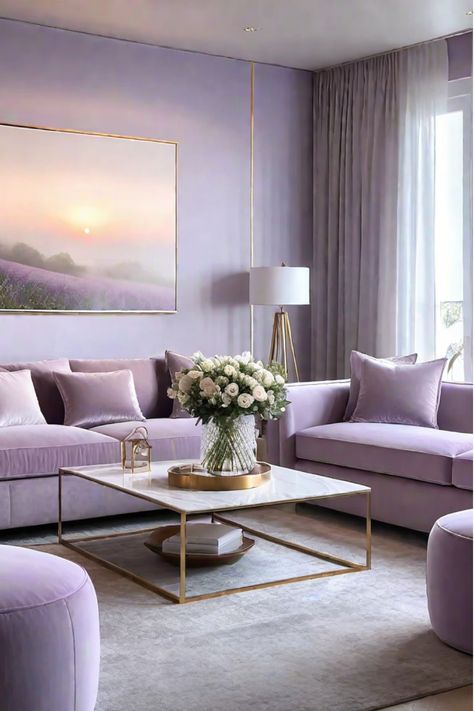 Stylish living room featuring a vibrant, modern paint color Living Room Lavender, Colour Living Room, Lavender Living Room, Lavender Home Decor, Lavender Bedroom, Purple Living Room, Lilac Pastel, Home Feeling, Colourful Living Room Decor