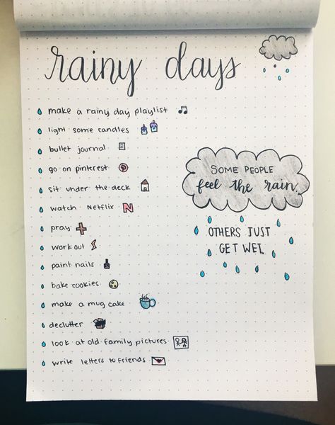 bullet journal— things to do on rainy days Rainy Day Tips, Drawing Ideas For Rainy Days, Rainy Journal Ideas, Cozy Things To Do On A Rainy Day, Things To Do On Lazy Days, Rainy Day Journal Ideas, Things To Do In A Rainy Day, Rain Doodles Rainy Days, Crafts To Do On A Rainy Day