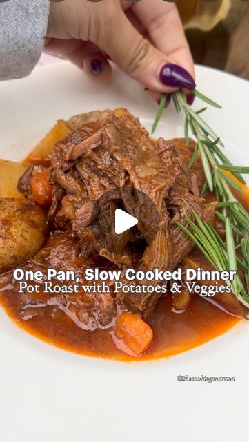 Caterina Cosentino | Easy, Quick & Family Recipes on Instagram: "You’ll be glad you SAVED this video once the holidays roll around (and they will be here quick!) One pan, slow cooked pot roast is the perfect complete meal for a hearty dinner. 

2.5-3lb chunk of beef bottom round roast
1/2tbsp garlic salt
1/2tbsp onion powder
1/2tbsp garlic powder
1/2tbsp paprika
1tsp salt
1tsp pepper
2tbsp olive oil
2tbsp butter
1 white or yellow onion, thinly sliced
2tbsp tomato paste
3/4cup dry red wine
2.5 cups beef or veggie broth
1tsp salt
2 sprigs rosemary
2 sprigs thyme
2 cups baby carrots
2-3 russet potatoes, largely cubed

	1.	Preheat oven to 325 degrees.
	2.	Pat dry and Season beef roast with garlic salt, onion powder, garlic powder, paprika, salt and pepper.
	3.	In a large dutch oven or oven saf Easy Beef Pot Roast, Quick Family Recipes, Slow Cooker Meat, Food Savory, Quick Family Meals, Veggie Broth, Beef Pot Roast, Pot Dinners, Beef Roast