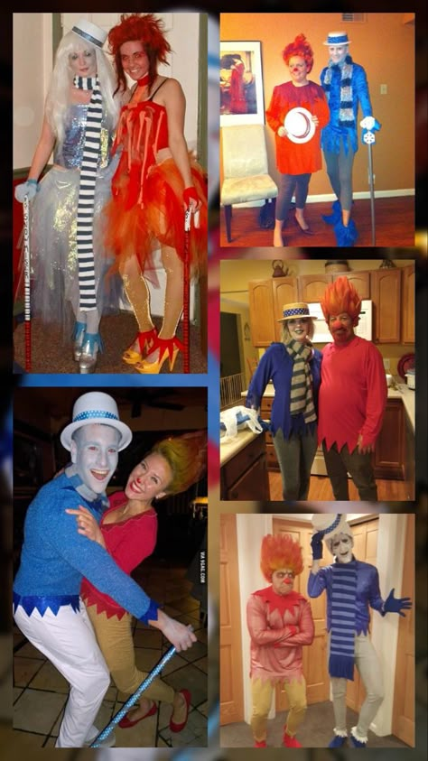 Mr Heat Miser And Mr Snow Miser Makeup, Heat Miser Snow Miser Costume, Snowmiser Heatmiser Costume, Snow And Heat Miser Costumes, Miser Brothers Costume, Snow Miser And Heat Miser Costumes, Heatmiser Costume, Heat Miser And Snow Miser Costume, Holiday Movie Character Costumes