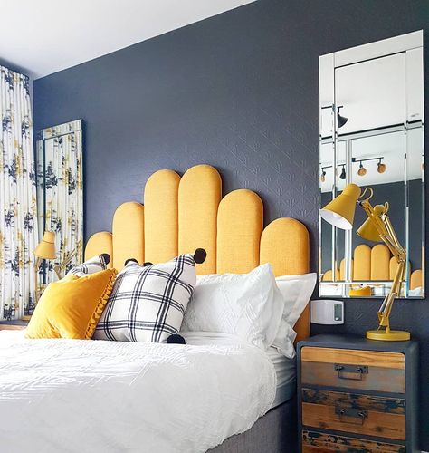 Paint Headboard, Yellow Headboard, Fleetwood Paint, Grey Accent Wall, Paint Collection, Eggshell Paint, Yellow Paint, Grey Bedroom, Exterior Wood