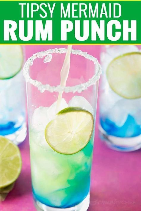 Tropical, sweet, and beautifully colored, this is one rum punch you have to try! #rum #rumpunch #punch #summer #drink #cocktail #mermaid Food Recipes Vegetarian, Mermaid Drink, The Chunky Chef, Summer Drink Cocktails, Bachelorette Drink, Chunky Chef, Rum Punch, Tropical Drink, Summer Drink