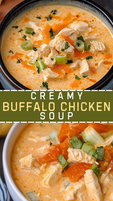 Easy Healthy Soup Recipes: Creamy Buffalo Chicken Soup Buffalo Chicken Soup Crockpot Creamy, Buffalo Soup Chicken, Buffalo Chicken Wing Soup Crockpot, Buffalo Chicken Soup Healthy, Buffalo Chicken Enchilada Soup, Chicken Wing Soup Buffalo, Buffalo Chicken Chowder Soup, Ways To Use Chicken Broth, Buffalo Chicken Dip Soup